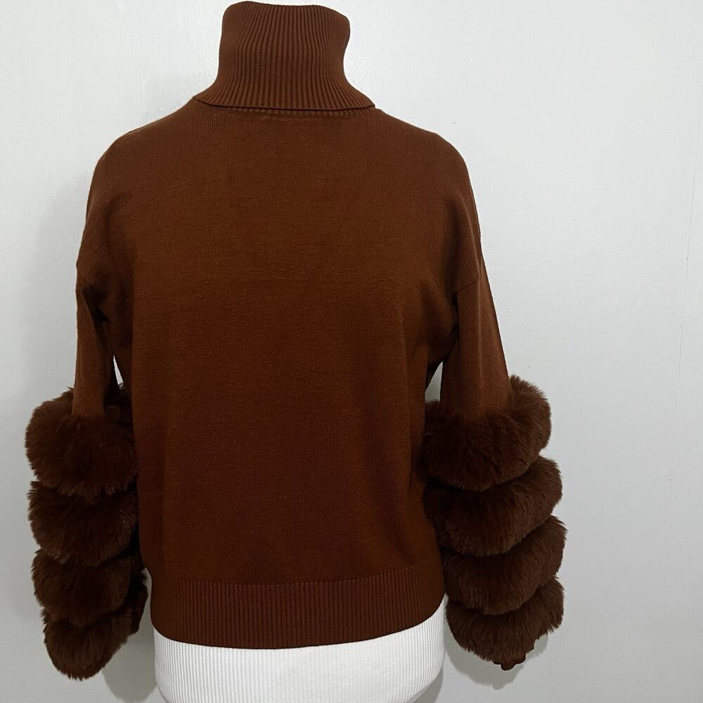 Cliché Brown Rust Turtleneck Sweater Faux Fur Sleeves Women’s Sz S